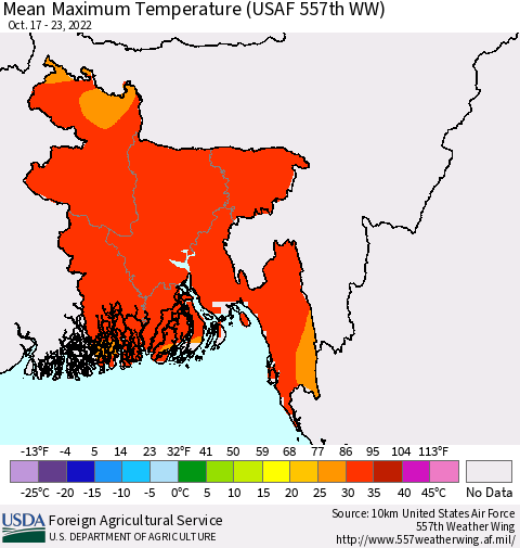 Bangladesh Mean Maximum Temperature (USAF 557th WW) Thematic Map For 10/17/2022 - 10/23/2022