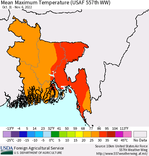 Bangladesh Mean Maximum Temperature (USAF 557th WW) Thematic Map For 10/31/2022 - 11/6/2022