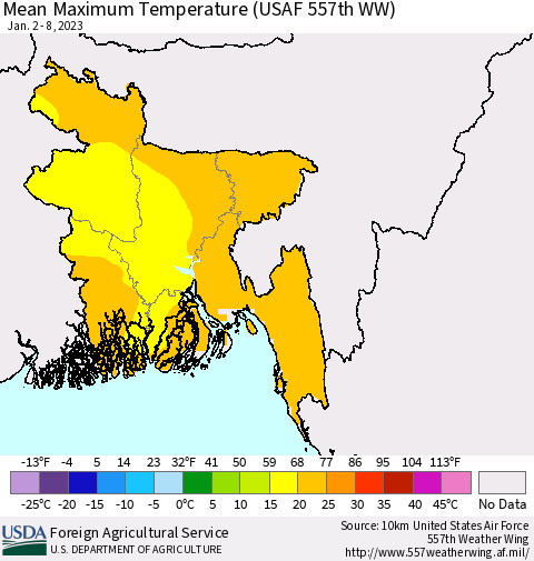 Bangladesh Mean Maximum Temperature (USAF 557th WW) Thematic Map For 1/2/2023 - 1/8/2023