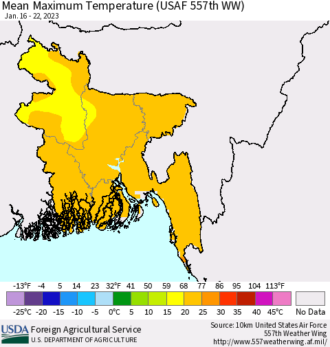 Bangladesh Mean Maximum Temperature (USAF 557th WW) Thematic Map For 1/16/2023 - 1/22/2023