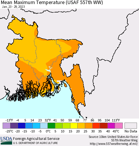 Bangladesh Mean Maximum Temperature (USAF 557th WW) Thematic Map For 1/23/2023 - 1/29/2023