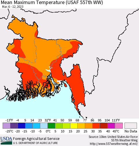 Bangladesh Mean Maximum Temperature (USAF 557th WW) Thematic Map For 3/6/2023 - 3/12/2023