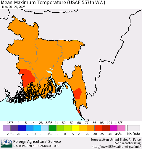Bangladesh Mean Maximum Temperature (USAF 557th WW) Thematic Map For 3/20/2023 - 3/26/2023