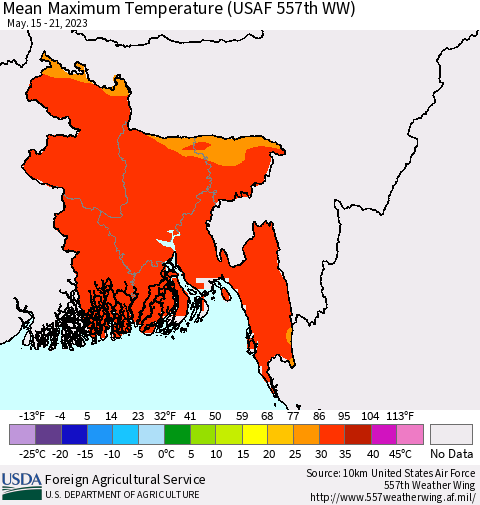 Bangladesh Mean Maximum Temperature (USAF 557th WW) Thematic Map For 5/15/2023 - 5/21/2023