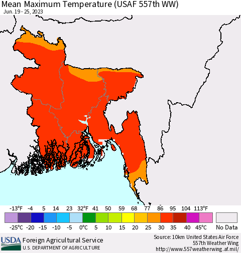 Bangladesh Mean Maximum Temperature (USAF 557th WW) Thematic Map For 6/19/2023 - 6/25/2023