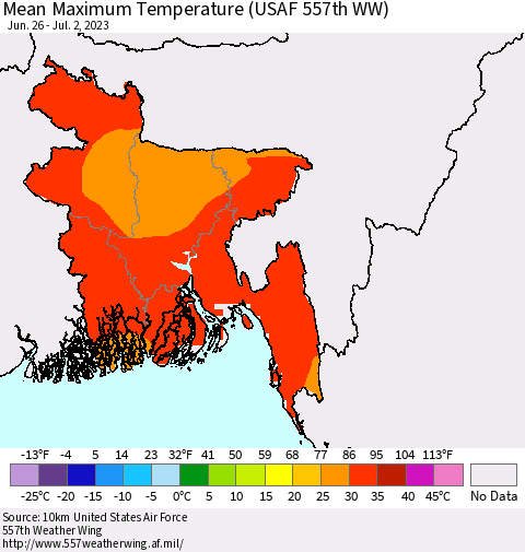 Bangladesh Mean Maximum Temperature (USAF 557th WW) Thematic Map For 6/26/2023 - 7/2/2023