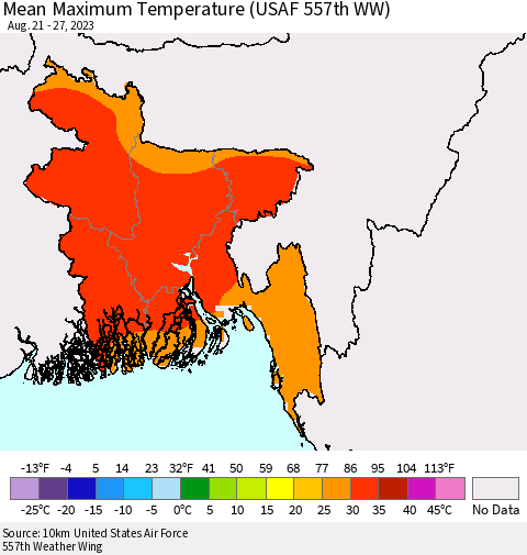 Bangladesh Mean Maximum Temperature (USAF 557th WW) Thematic Map For 8/21/2023 - 8/27/2023