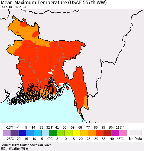 Bangladesh Mean Maximum Temperature (USAF 557th WW) Thematic Map For 9/18/2023 - 9/24/2023