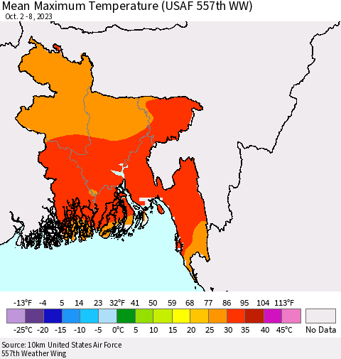 Bangladesh Mean Maximum Temperature (USAF 557th WW) Thematic Map For 10/2/2023 - 10/8/2023