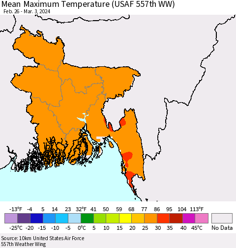 Bangladesh Mean Maximum Temperature (USAF 557th WW) Thematic Map For 2/26/2024 - 3/3/2024