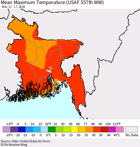 Bangladesh Mean Maximum Temperature (USAF 557th WW) Thematic Map For 3/11/2024 - 3/17/2024