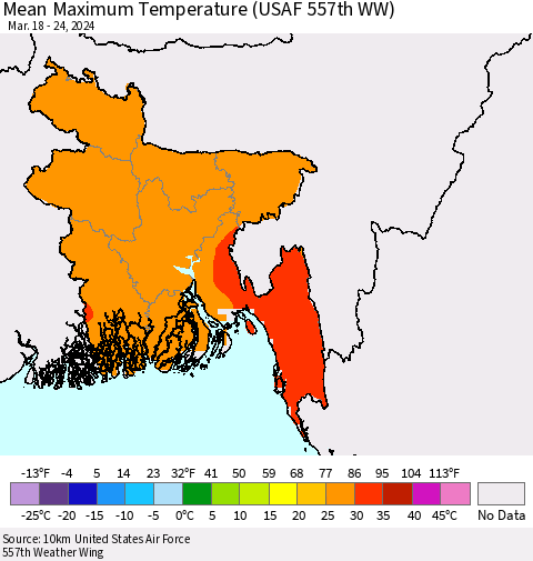 Bangladesh Mean Maximum Temperature (USAF 557th WW) Thematic Map For 3/18/2024 - 3/24/2024