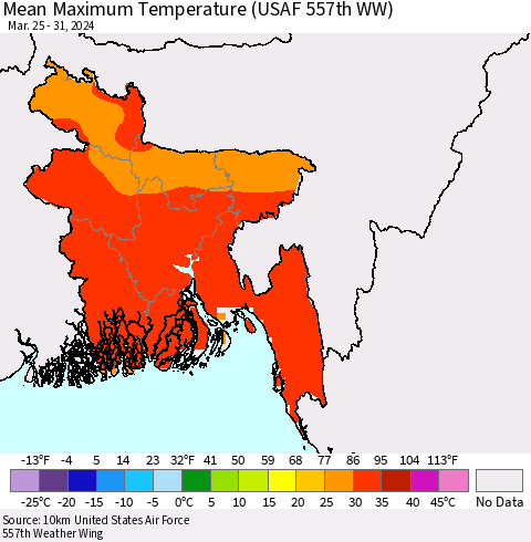 Bangladesh Mean Maximum Temperature (USAF 557th WW) Thematic Map For 3/25/2024 - 3/31/2024