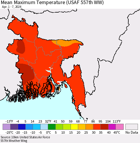 Bangladesh Mean Maximum Temperature (USAF 557th WW) Thematic Map For 4/1/2024 - 4/7/2024