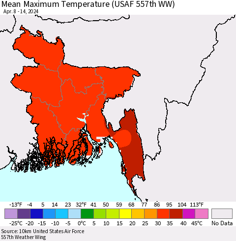 Bangladesh Mean Maximum Temperature (USAF 557th WW) Thematic Map For 4/8/2024 - 4/14/2024