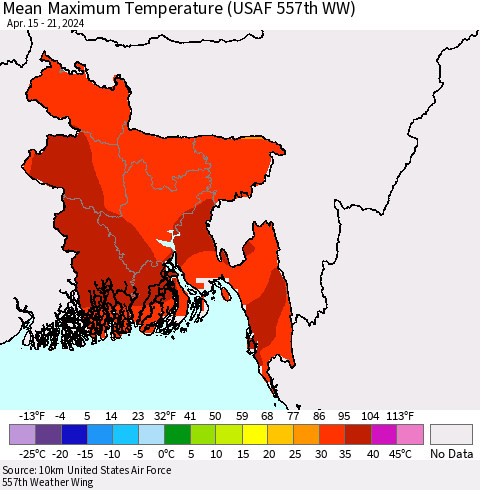 Bangladesh Mean Maximum Temperature (USAF 557th WW) Thematic Map For 4/15/2024 - 4/21/2024