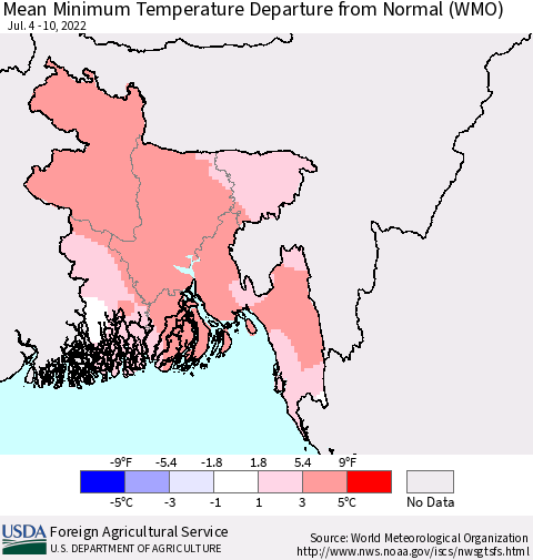 Bangladesh Mean Minimum Temperature Departure from Normal (WMO) Thematic Map For 7/4/2022 - 7/10/2022