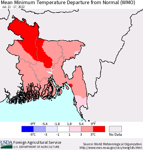 Bangladesh Mean Minimum Temperature Departure from Normal (WMO) Thematic Map For 7/11/2022 - 7/17/2022