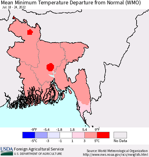 Bangladesh Mean Minimum Temperature Departure from Normal (WMO) Thematic Map For 7/18/2022 - 7/24/2022