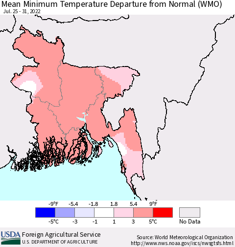 Bangladesh Mean Minimum Temperature Departure from Normal (WMO) Thematic Map For 7/25/2022 - 7/31/2022