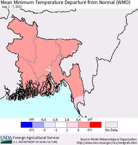 Bangladesh Mean Minimum Temperature Departure from Normal (WMO) Thematic Map For 8/1/2022 - 8/7/2022