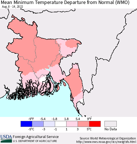 Bangladesh Mean Minimum Temperature Departure from Normal (WMO) Thematic Map For 8/8/2022 - 8/14/2022
