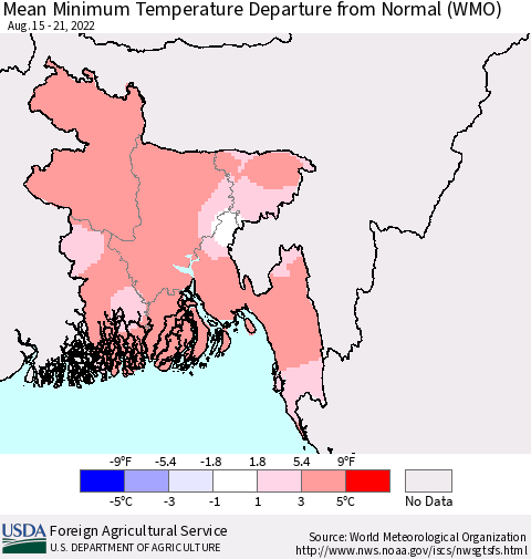 Bangladesh Mean Minimum Temperature Departure from Normal (WMO) Thematic Map For 8/15/2022 - 8/21/2022