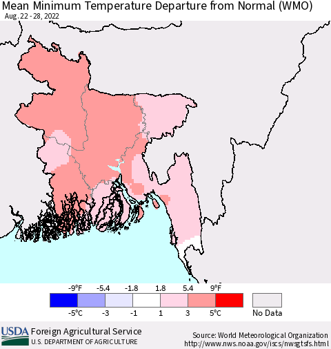 Bangladesh Mean Minimum Temperature Departure from Normal (WMO) Thematic Map For 8/22/2022 - 8/28/2022