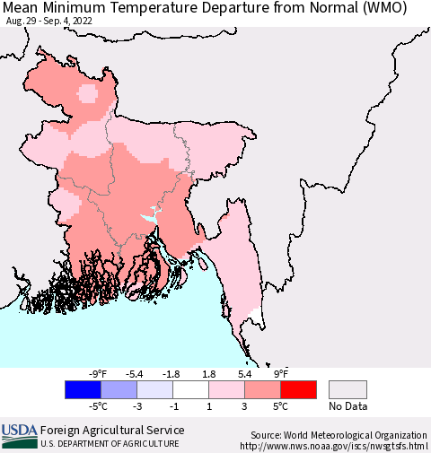 Bangladesh Mean Minimum Temperature Departure from Normal (WMO) Thematic Map For 8/29/2022 - 9/4/2022