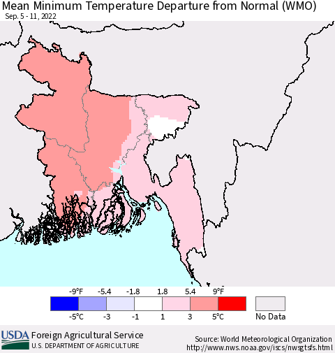 Bangladesh Mean Minimum Temperature Departure from Normal (WMO) Thematic Map For 9/5/2022 - 9/11/2022