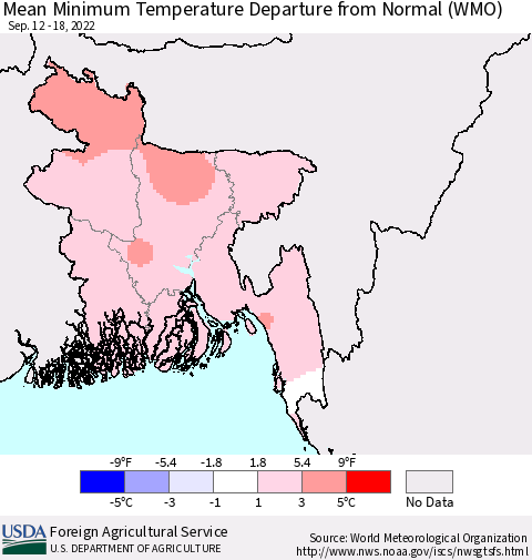 Bangladesh Mean Minimum Temperature Departure from Normal (WMO) Thematic Map For 9/12/2022 - 9/18/2022