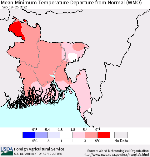 Bangladesh Mean Minimum Temperature Departure from Normal (WMO) Thematic Map For 9/19/2022 - 9/25/2022