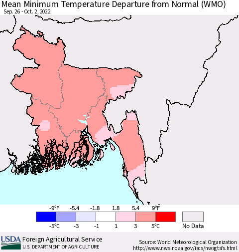 Bangladesh Mean Minimum Temperature Departure from Normal (WMO) Thematic Map For 9/26/2022 - 10/2/2022