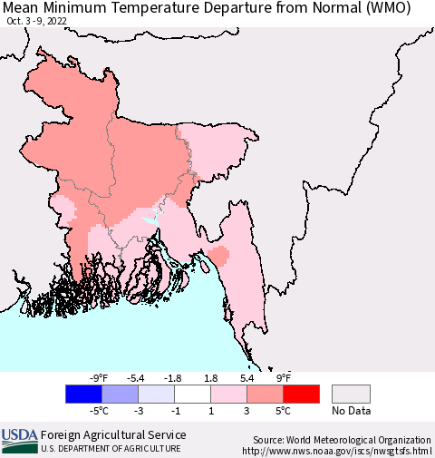 Bangladesh Mean Minimum Temperature Departure from Normal (WMO) Thematic Map For 10/3/2022 - 10/9/2022