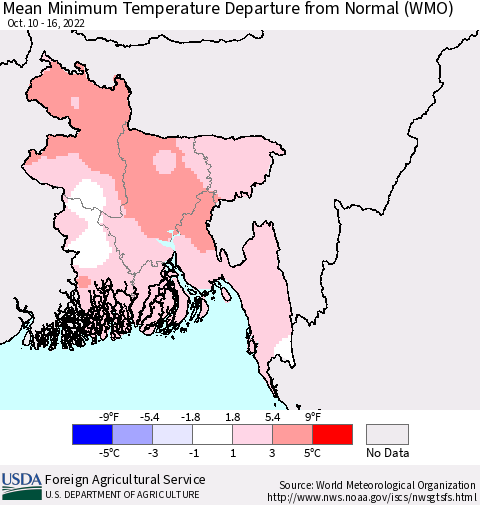 Bangladesh Mean Minimum Temperature Departure from Normal (WMO) Thematic Map For 10/10/2022 - 10/16/2022