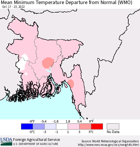 Bangladesh Mean Minimum Temperature Departure from Normal (WMO) Thematic Map For 10/17/2022 - 10/23/2022