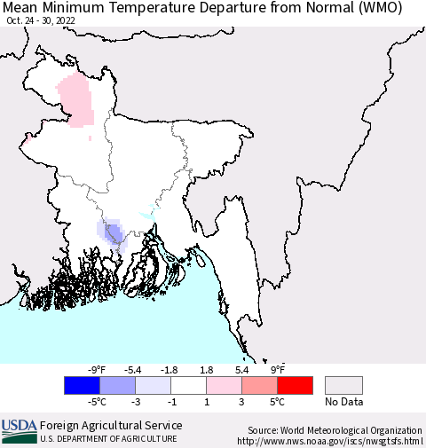 Bangladesh Mean Minimum Temperature Departure from Normal (WMO) Thematic Map For 10/24/2022 - 10/30/2022