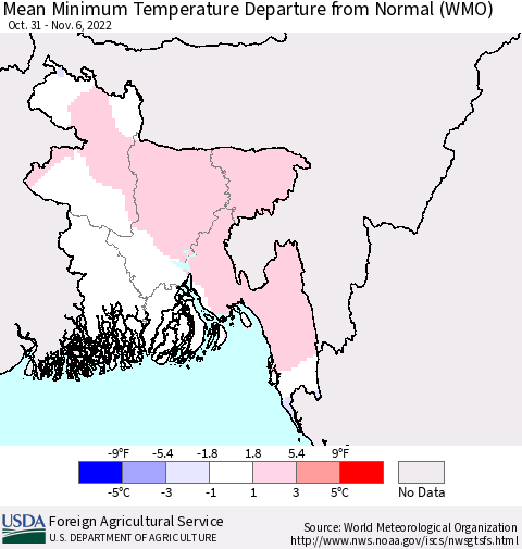 Bangladesh Mean Minimum Temperature Departure from Normal (WMO) Thematic Map For 10/31/2022 - 11/6/2022