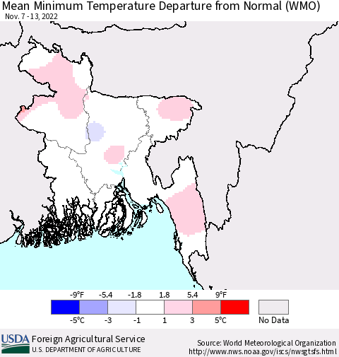 Bangladesh Mean Minimum Temperature Departure from Normal (WMO) Thematic Map For 11/7/2022 - 11/13/2022