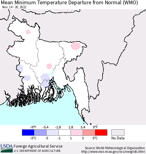 Bangladesh Mean Minimum Temperature Departure from Normal (WMO) Thematic Map For 11/14/2022 - 11/20/2022