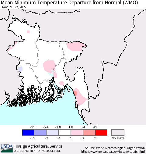 Bangladesh Mean Minimum Temperature Departure from Normal (WMO) Thematic Map For 11/21/2022 - 11/27/2022