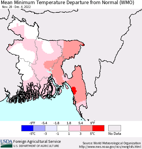 Bangladesh Mean Minimum Temperature Departure from Normal (WMO) Thematic Map For 11/28/2022 - 12/4/2022