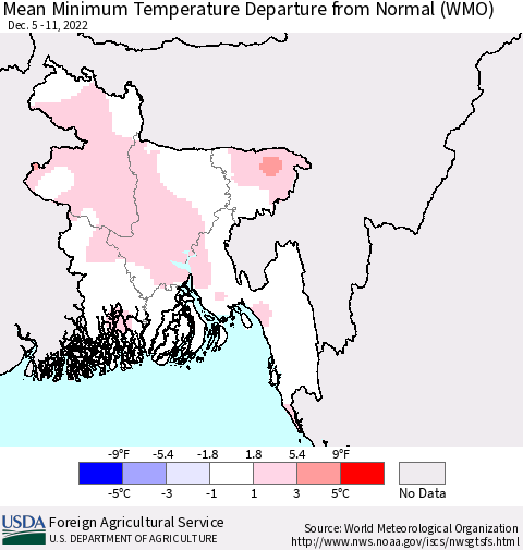 Bangladesh Mean Minimum Temperature Departure from Normal (WMO) Thematic Map For 12/5/2022 - 12/11/2022