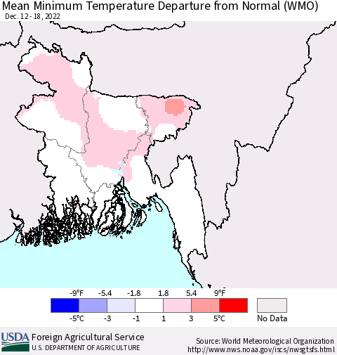 Bangladesh Mean Minimum Temperature Departure from Normal (WMO) Thematic Map For 12/12/2022 - 12/18/2022