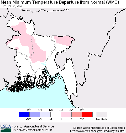 Bangladesh Mean Minimum Temperature Departure from Normal (WMO) Thematic Map For 12/19/2022 - 12/25/2022