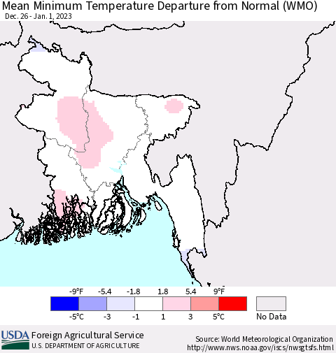 Bangladesh Mean Minimum Temperature Departure from Normal (WMO) Thematic Map For 12/26/2022 - 1/1/2023