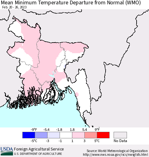 Bangladesh Mean Minimum Temperature Departure from Normal (WMO) Thematic Map For 2/20/2023 - 2/26/2023