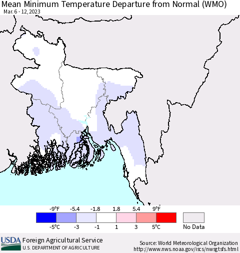 Bangladesh Mean Minimum Temperature Departure from Normal (WMO) Thematic Map For 3/6/2023 - 3/12/2023