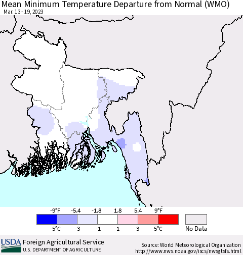 Bangladesh Mean Minimum Temperature Departure from Normal (WMO) Thematic Map For 3/13/2023 - 3/19/2023