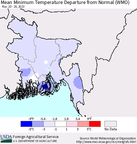 Bangladesh Mean Minimum Temperature Departure from Normal (WMO) Thematic Map For 3/20/2023 - 3/26/2023